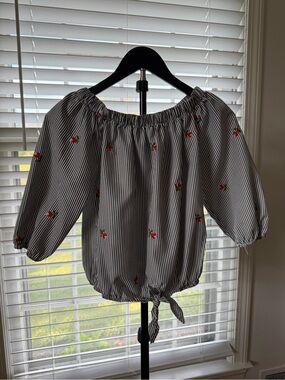 Kontrol Contemporary Off Shoulder Embroidered Cherry Stripe Peasant Top Small
